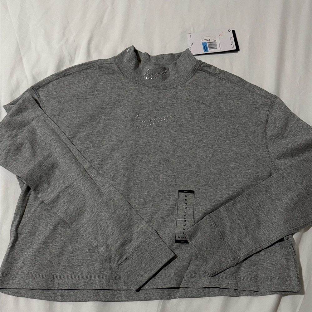 Nike Gray Rhinestone Swoosh Mock Neck Top size Medium